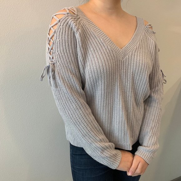 LA Hearts Grey Lace-Up Cold Shoulder Sweater - Picture 1 of 7